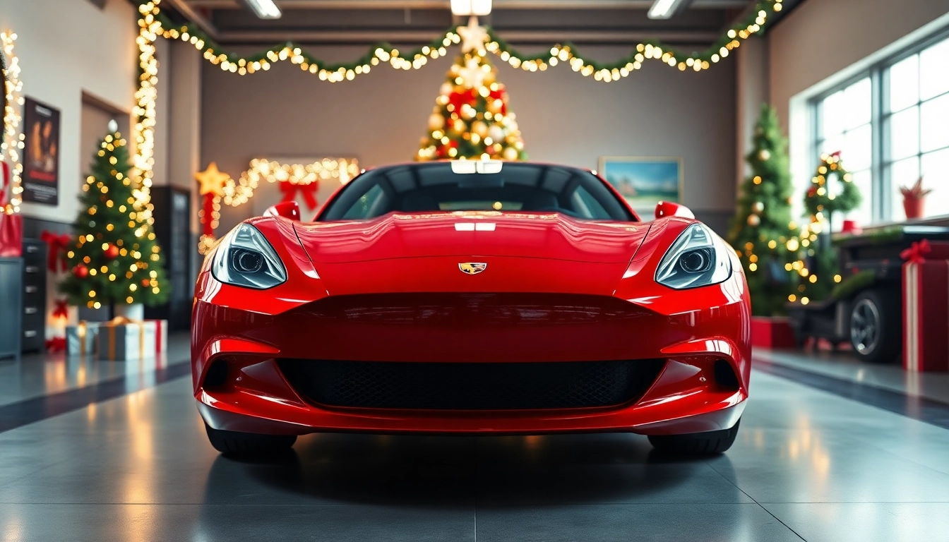 Capture the essence of a Christmas car detailing gift with a beautifully detailed car in a festive setting.