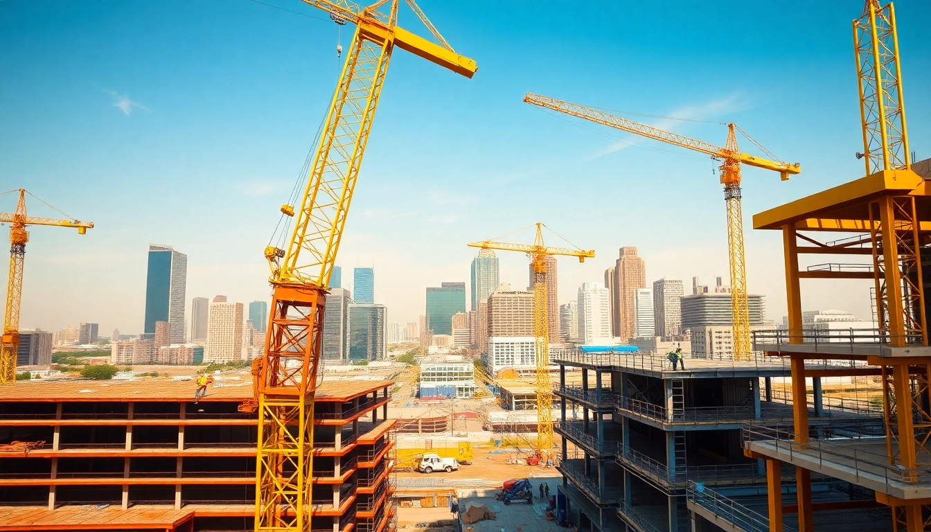 Austin construction site bustling with activity and urban development in the background.