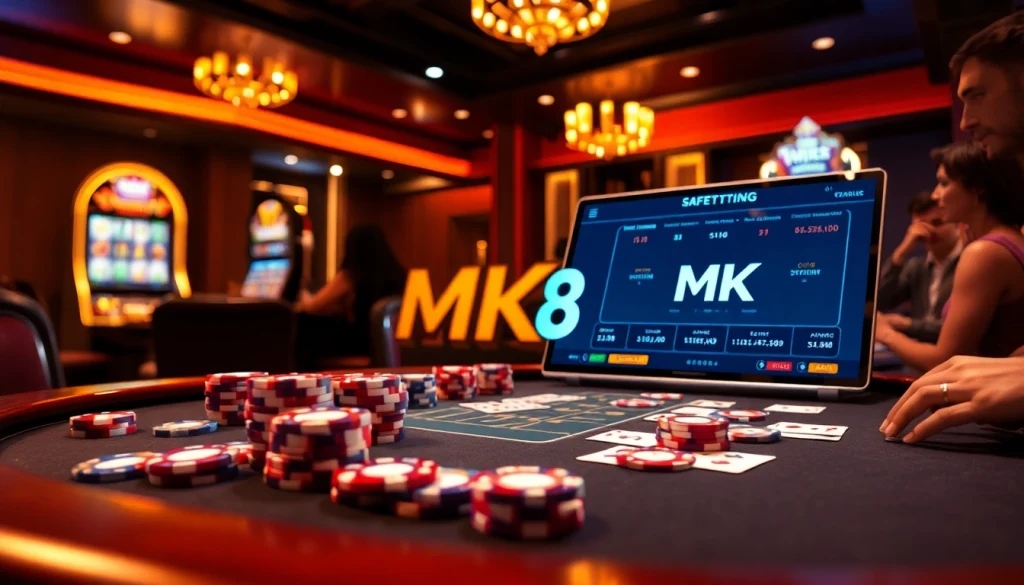 Players enjoying an exciting round of poker at an MK8 branded casino table, with vibrant chips and cards.