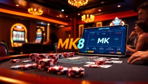 Players enjoying an exciting round of poker at an MK8 branded casino table, with vibrant chips and cards.