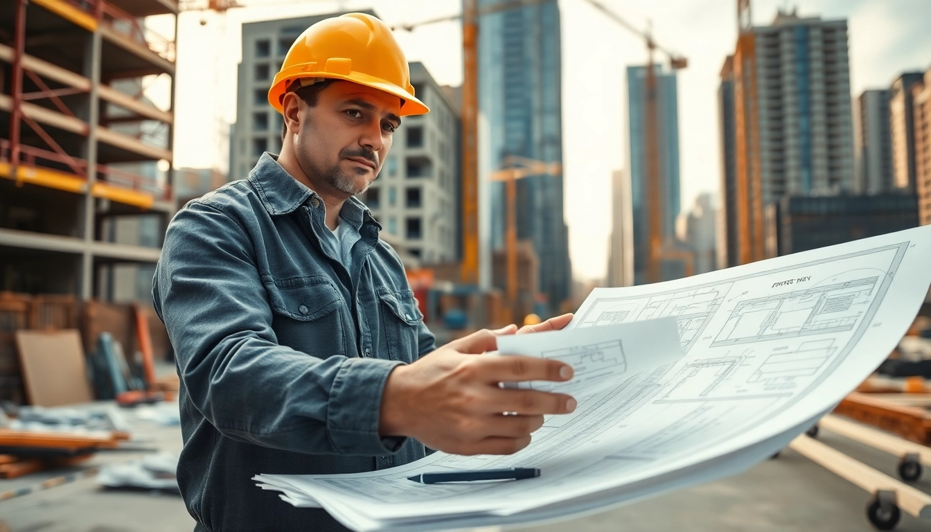 New Jersey General Contractor analyzing construction blueprints at a busy site.