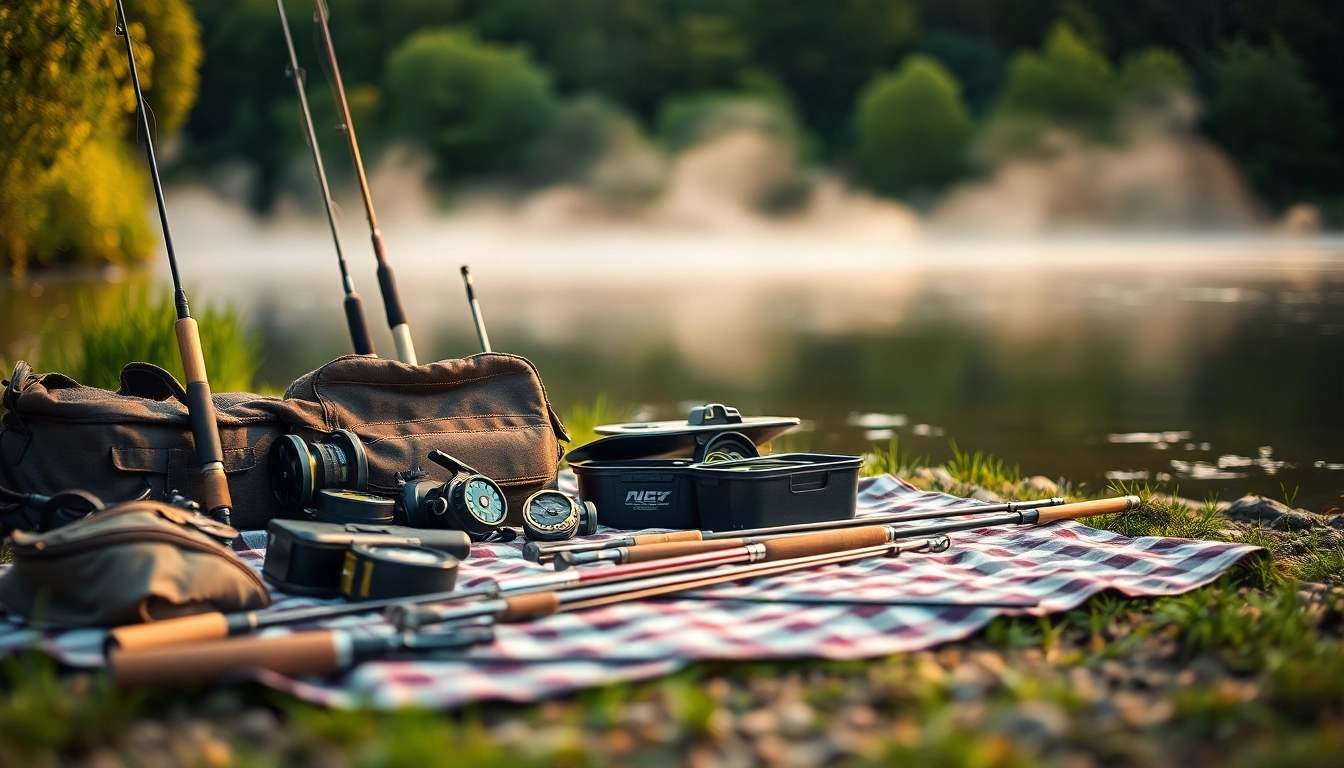 Showcasing a fly fishing kit on a beautiful riverbank at dawn, capturing gear details and serene surroundings.