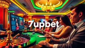 Engaging online gambling scene on 7upbet showcasing casino elements like roulette and poker chips.