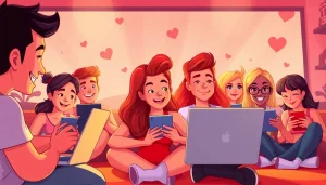 Interactive characters enjoying HTML porn games on devices in a vibrant scene
