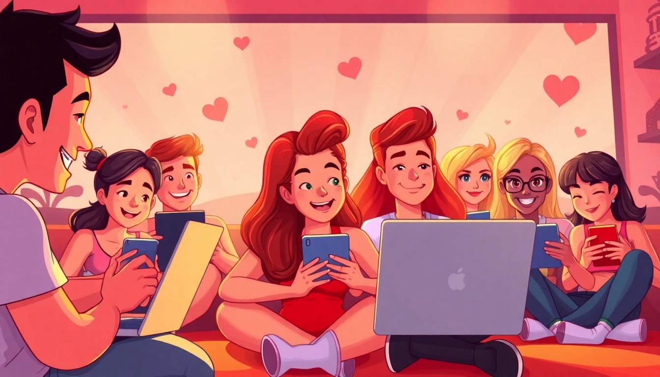 Interactive characters enjoying HTML porn games on devices in a vibrant scene