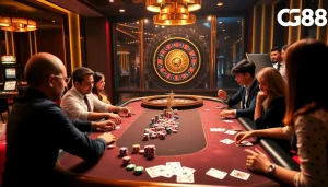 Players enjoying poker at GG88 casino with colorful chips and an elegant atmosphere.