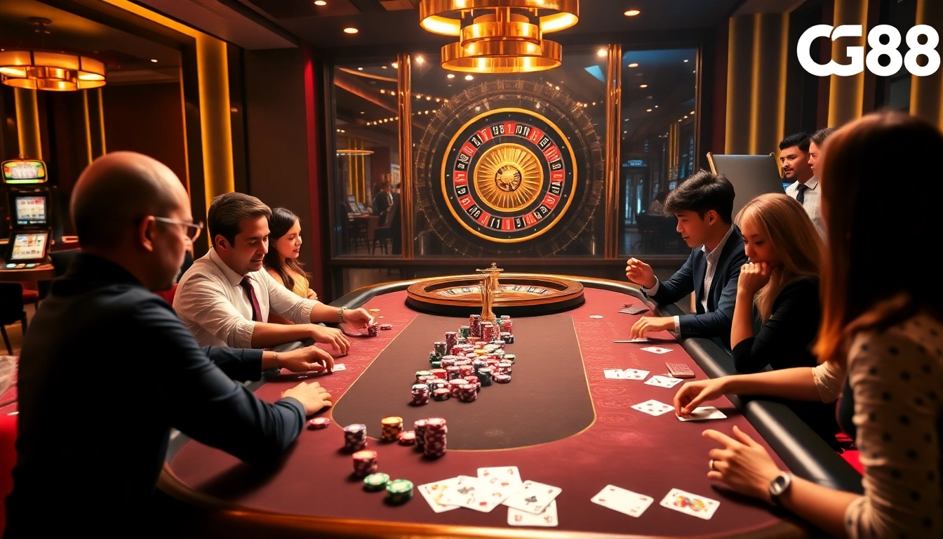 Players enjoying poker at GG88 casino with colorful chips and an elegant atmosphere.