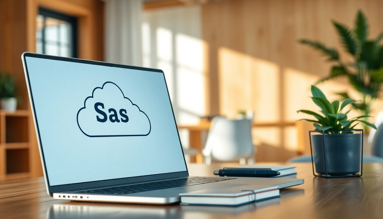 Showcasing a Saas interface on a laptop in a warm, inviting workspace setup.