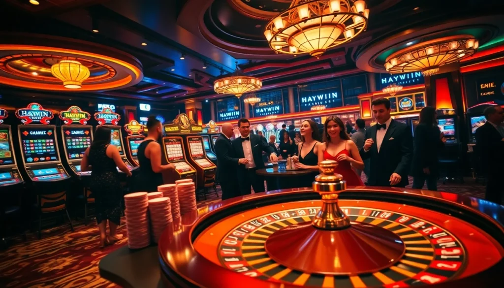 Experience exciting gameplay at Haywin's luxurious casino with vibrant slot machines and elegant poker tables.