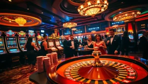 Experience exciting gameplay at Haywin's luxurious casino with vibrant slot machines and elegant poker tables.