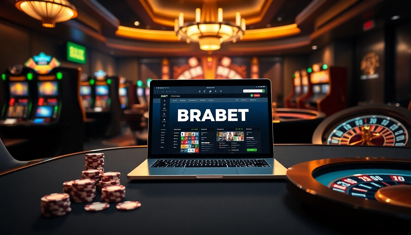 Experience the thrill of BRABET with vibrant casino visuals including roulette and poker chips.