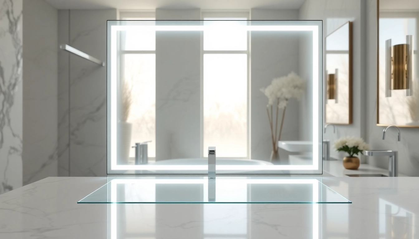 Reflect sleek bathroom mirror with led light in a modern setting with elegant fixtures.