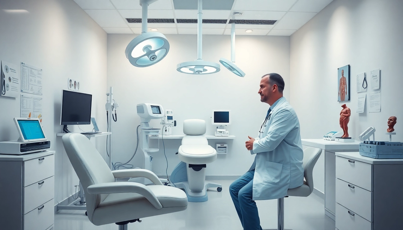 包茎手術 おすすめのための、現代的なクリニックでの専門的な相談。思いやりのある医師と患者の様子。