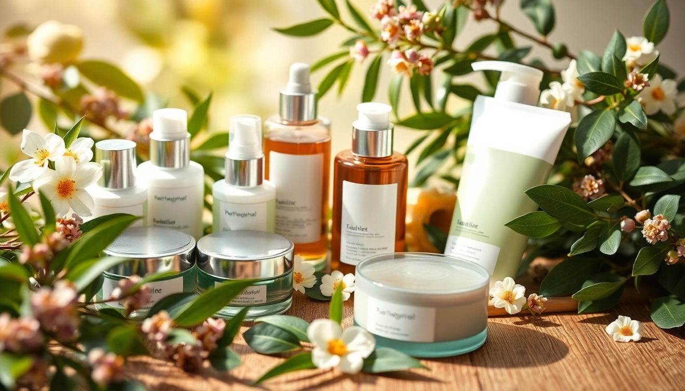Ekologiska kosmetika produktai išdėstyti natūraliame fone su augalais.