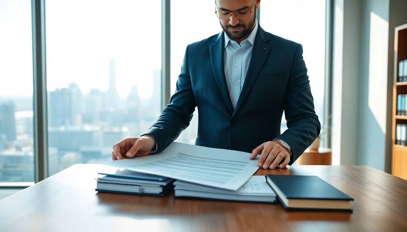 Real estate lawyer reviewing documents in a modern office, showcasing professionalism and expertise.