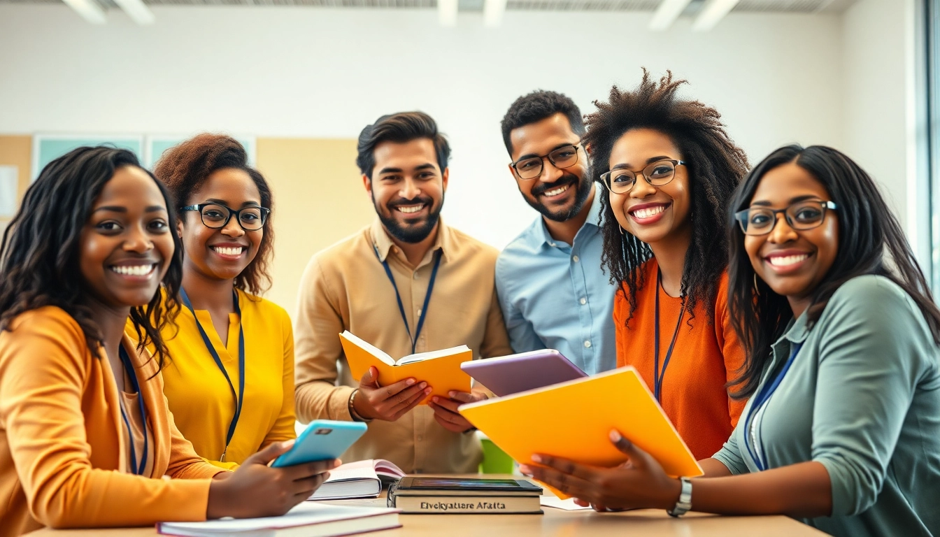 Education reform scene with diverse educators collaborating in a modern classroom.