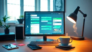 现代工作空间的电脑屏幕上，显示活跃聊天界面的 WhatsApp网页版。