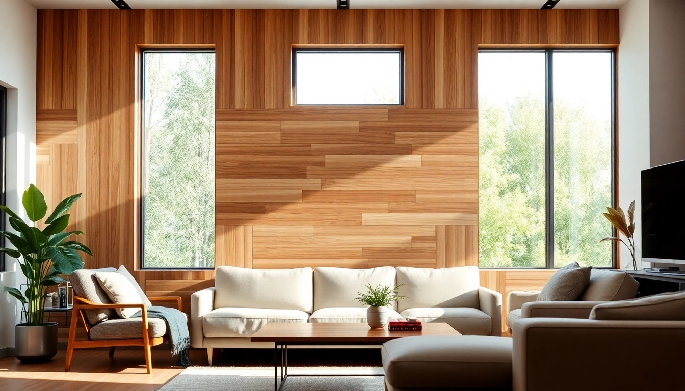 Showcase a stylish panel slat wall in a modern living room environment with elegant wood textures.