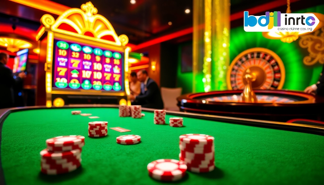 Experience high-stakes gambling excitement with bdjl.org's vibrant casino scene featuring poker tables and slot machines.