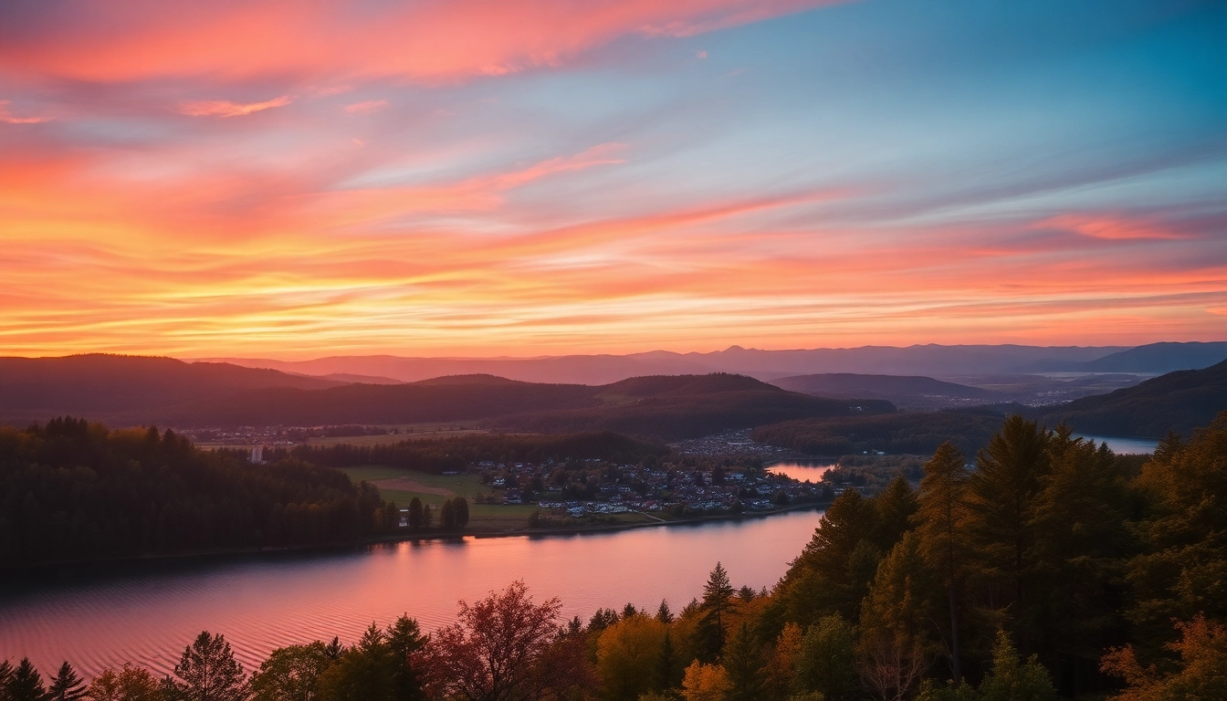 Clarksburg landscape showcasing cozy village and vibrant sunset.