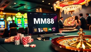 Players immerse in an exciting MM88 online gambling experience with casino tables and vibrant games.