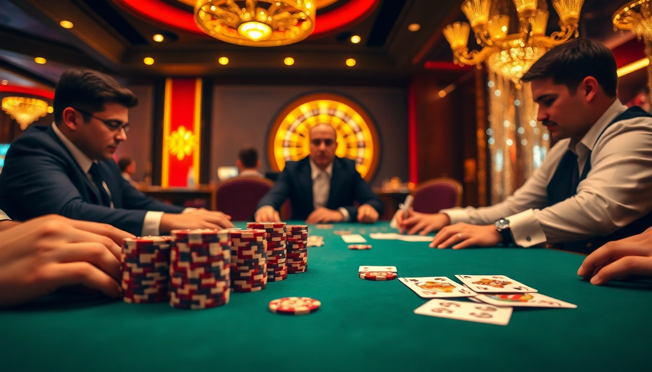 Engaged players at a luxurious poker table in a casino atmosphere at https://88t.art/, showcasing excitement and strategy.