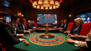 NOVA88 offers an exciting online casino atmosphere with a roulette table and vibrant players engaged in gambling.