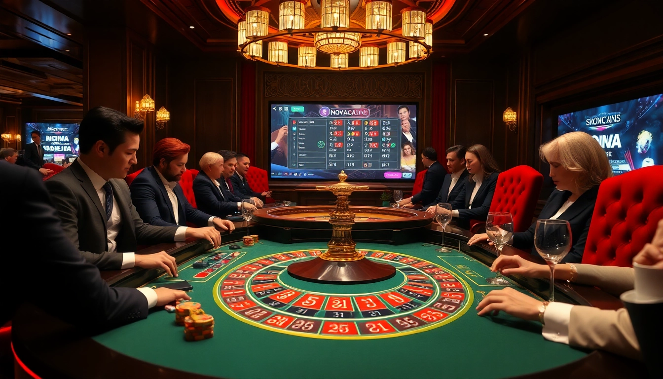 NOVA88 offers an exciting online casino atmosphere with a roulette table and vibrant players engaged in gambling.