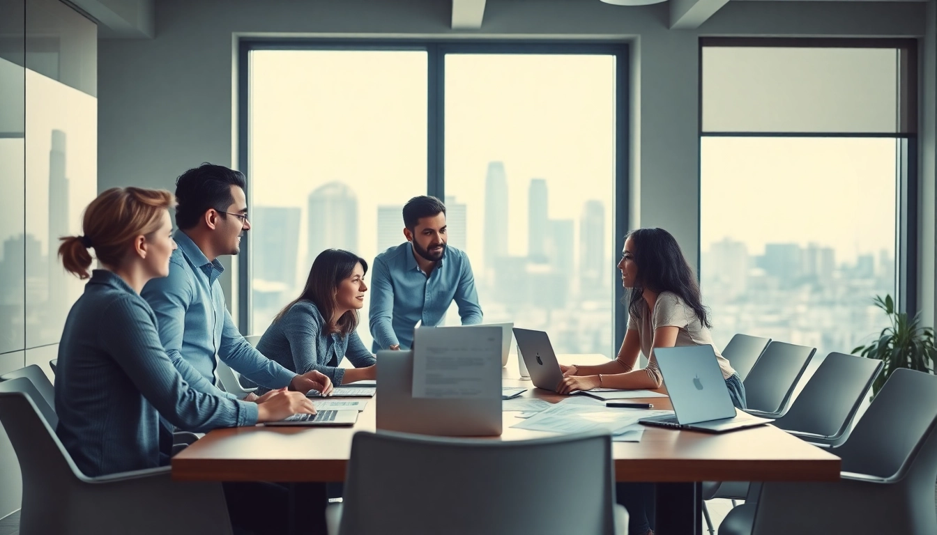 Engaged team discussing SME AI consulting services in a vibrant office setting