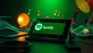 Engaging digital artwork of Spotify mod apk on a smartphone with vibrant music notes.