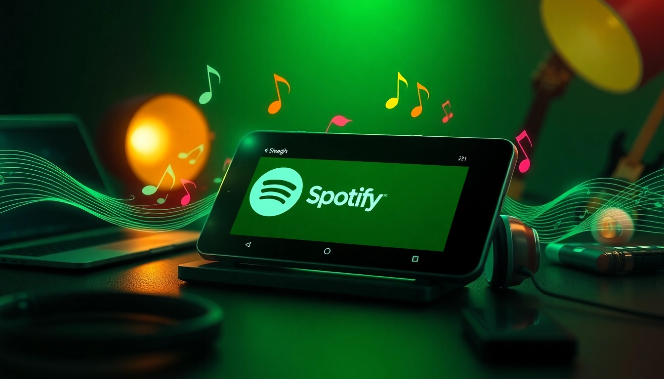 Engaging digital artwork of Spotify mod apk on a smartphone with vibrant music notes.
