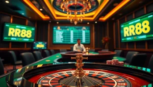Experience thrilling gambling at RR88 with poker, roulette, and vibrant casino atmosphere.