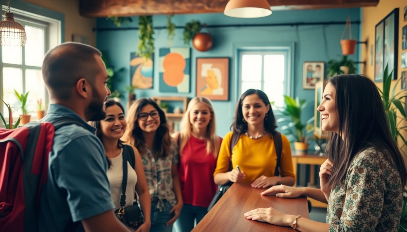 Travelers enjoying the lowest rate guaranteed for hostels at a welcoming check-in area.