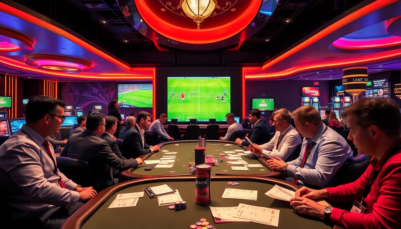 Exciting scene of เทคนิคแทงบอล strategies in a lively casino betting area with players engaged.