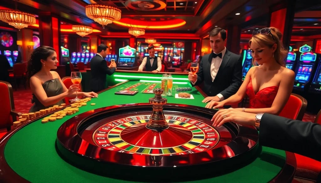 Players enjoy an exciting game at a roulette table showcasing the luxury of https://rr888.in.net/ with vibrant colors.