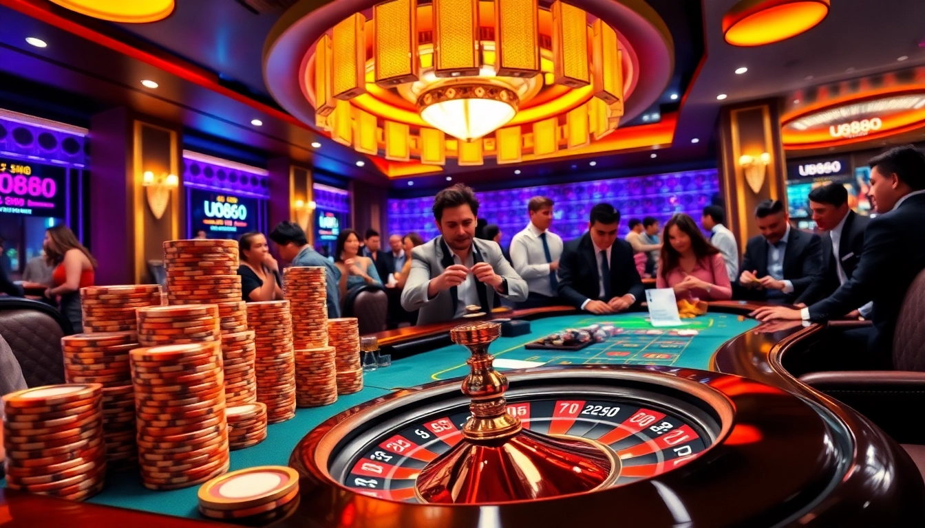 Engage in an exciting U888 gambling experience at a luxurious casino table featuring vibrant poker chips and a roulette wheel.