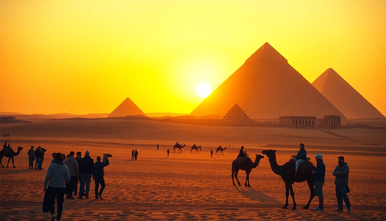 Tourists admiring the stunning piraminds under a colorful sunset backdrop.