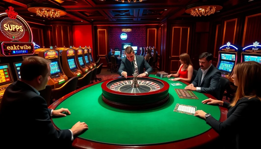 The hidden wiki dark web inspired luxury casino atmosphere with roulette, players in action.