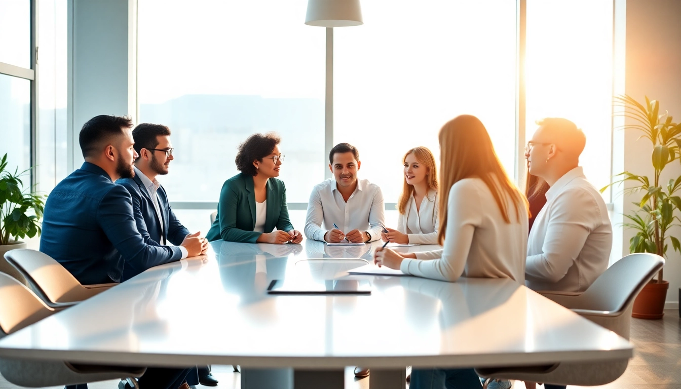 Engaging professionals in a bright office, illustrating a business coaching service.