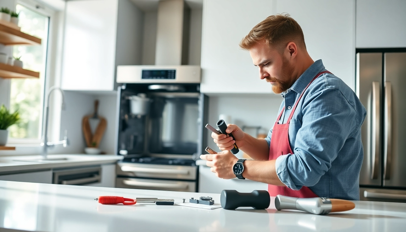 Efficient kitchenaid appliance repair ottawa with a professional technician working in a bright kitchen.