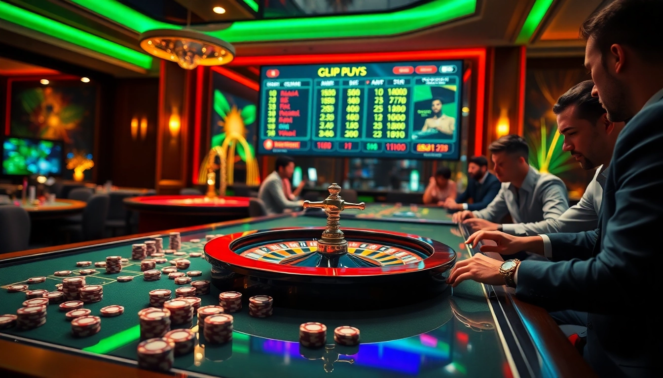 Engage in dynamic רמי אונליין gaming with vibrant chips and roulette wheels in a luxury casino atmosphere.