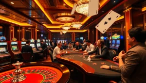 Experience thrilling gameplay at a top club casino with upscale tables and vibrant slot machines.