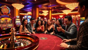 Luxurious casino scene featuring GO8 theme with poker tables, roulette wheels, and enthusiastic gamblers.
