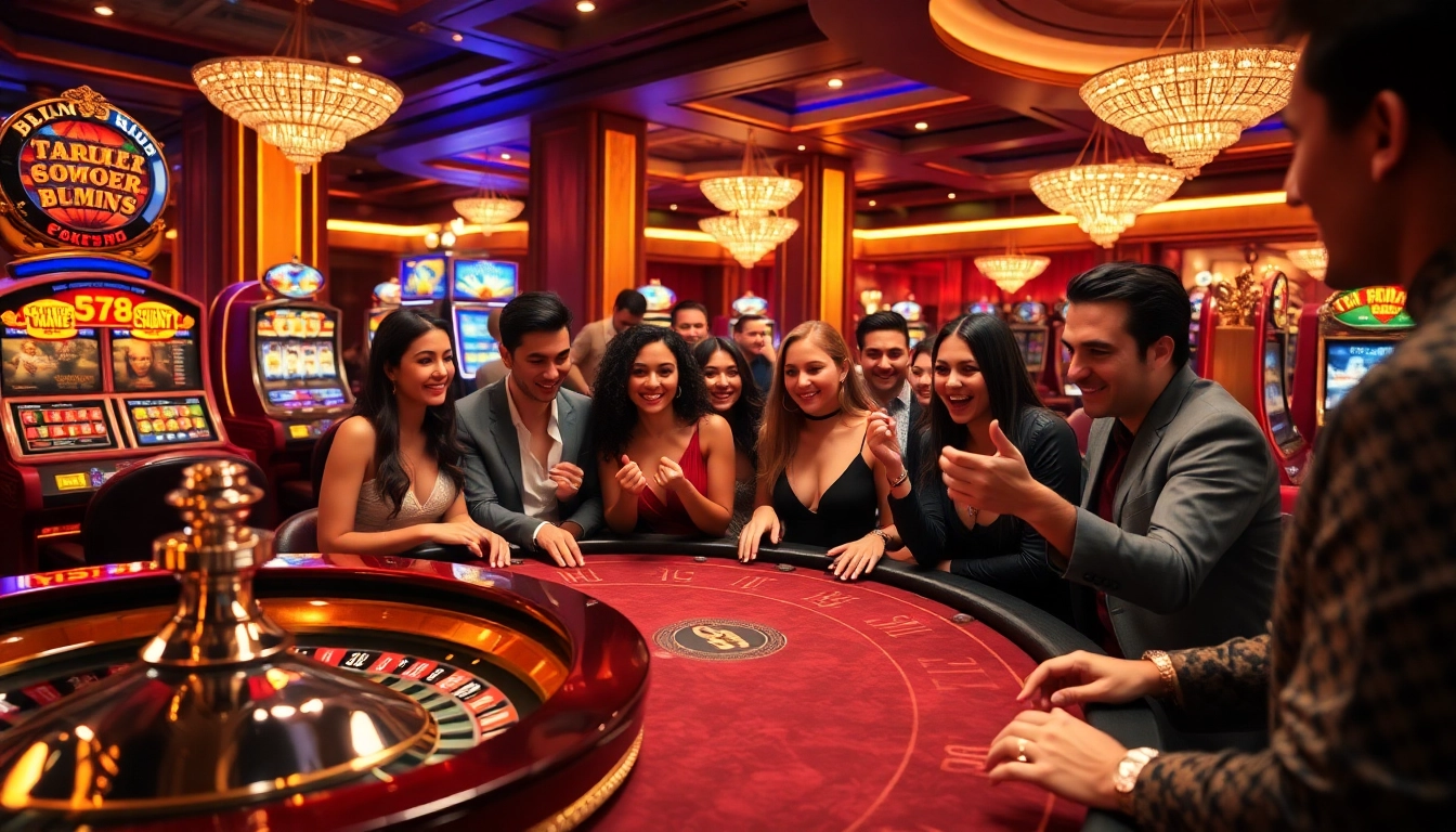 Luxurious casino scene featuring GO8 theme with poker tables, roulette wheels, and enthusiastic gamblers.