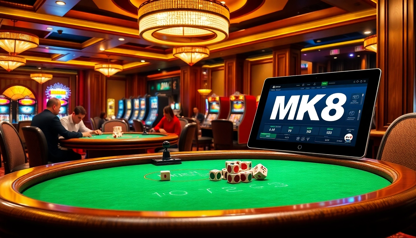 Players enjoying thrilling MG8 casino games at a luxurious table with vibrant visuals.