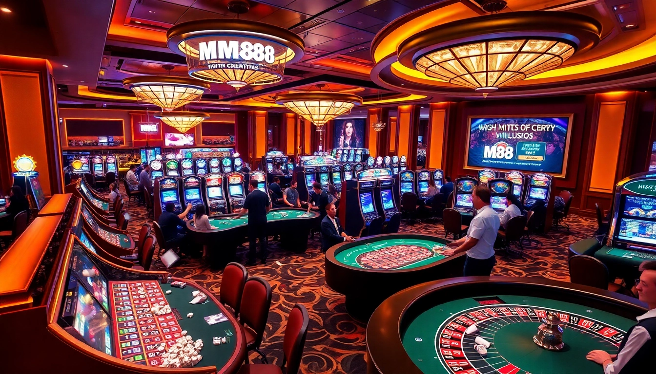 Engaged players enjoy diverse games at MM88's luxurious casino, emphasizing excitement and professionalism.