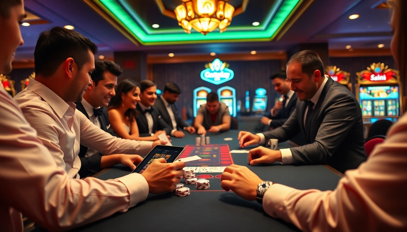 Players engaging at a table with 'link alternatif onicplay' interface displayed on a tablet.