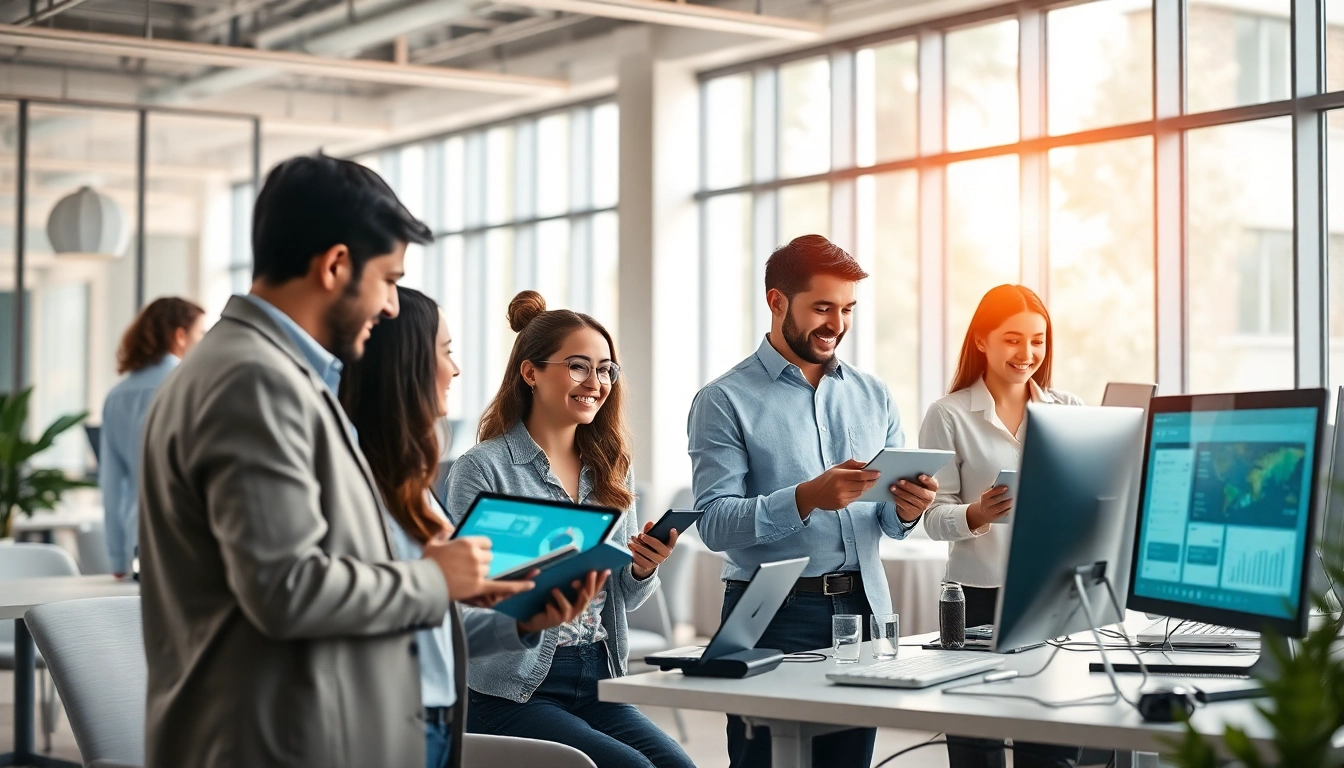 团队在现代办公室中利用美洽官网提升高效客户服务。