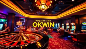 Experience the excitement of online gambling at Trang Chủ OKWIN with vibrant scenes of casino games and players.
