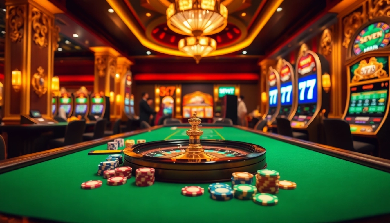 Thrilling casino action with lively gaming tables showcasing seven 77 theme.